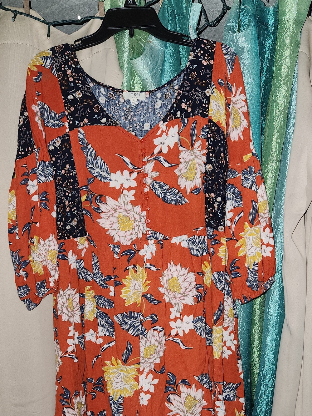 Umgee Rust Floral Button-Front Tunic with Navy Accents